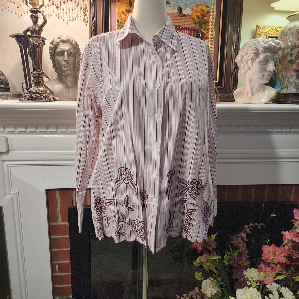 Pink and White Striped Button Up, Vintage 100% Cotton Top with Floral Embroidery